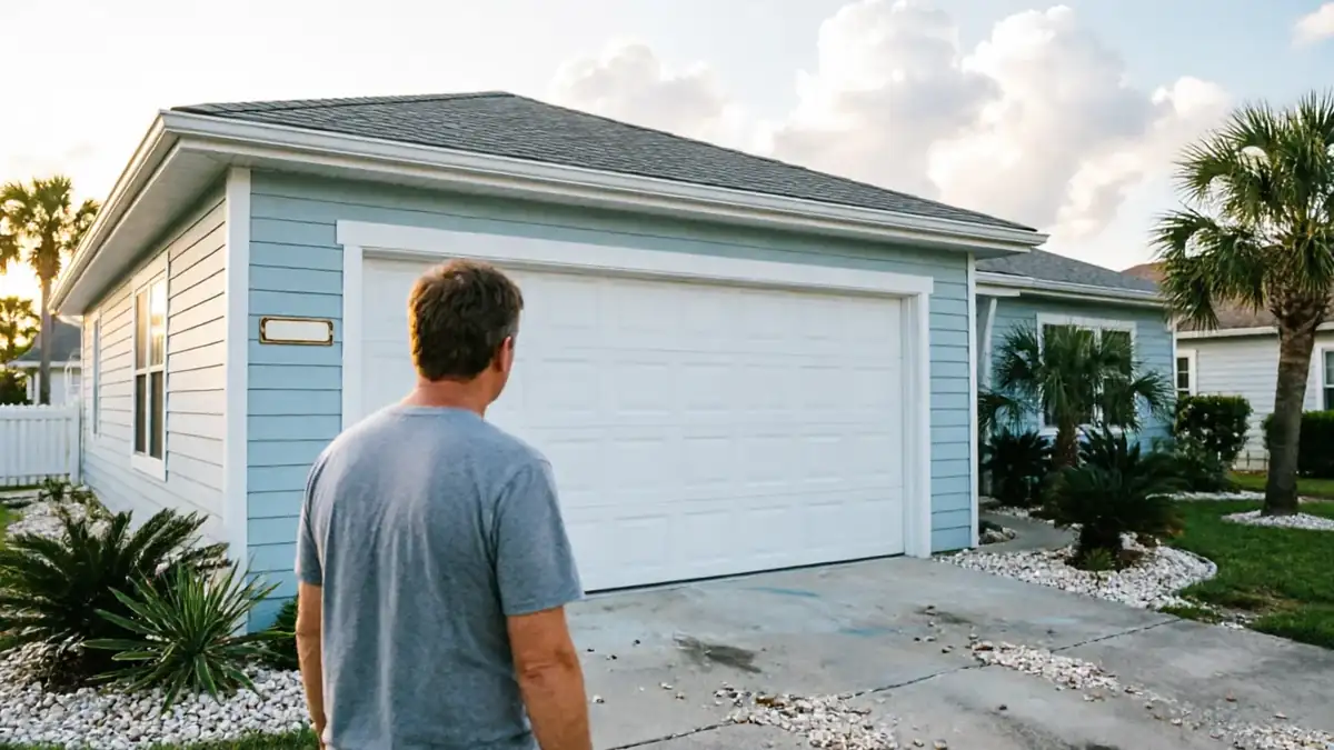 A man stands in a driveway looking at a closed white garage door.