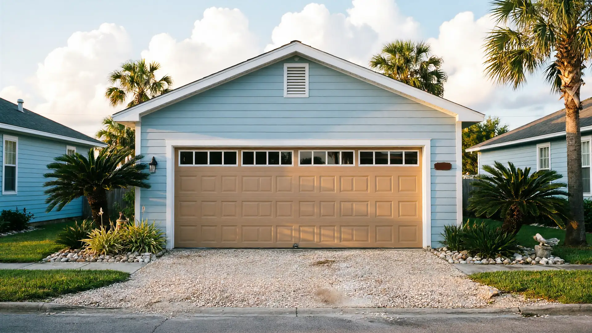 The light blue house has a tan garage door with windows and a gravel driveway.