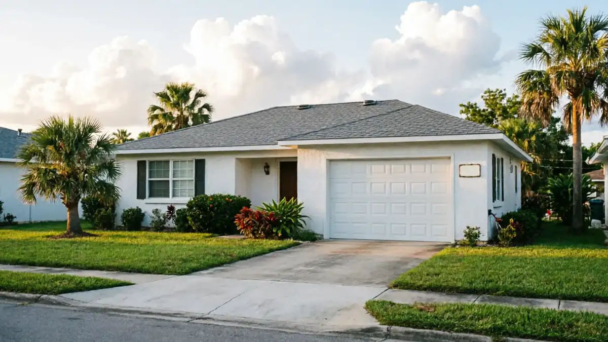 The house has a white garage door, a brown front door, and green landscaping.