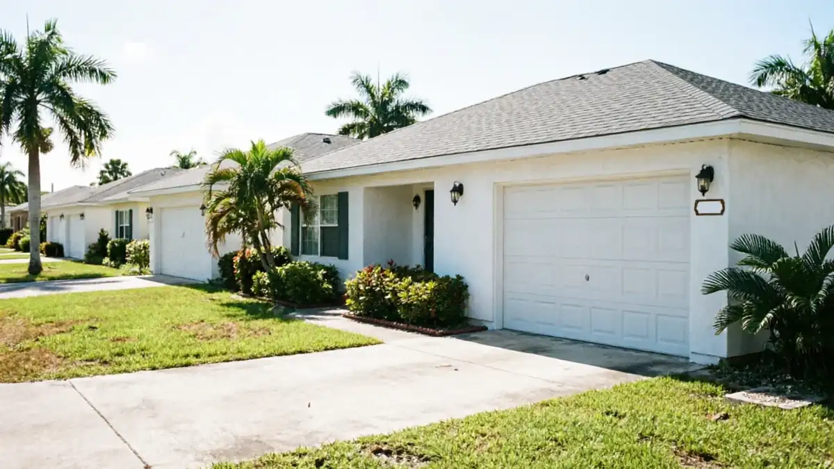 A row of white houses with white garage doors and palm trees.