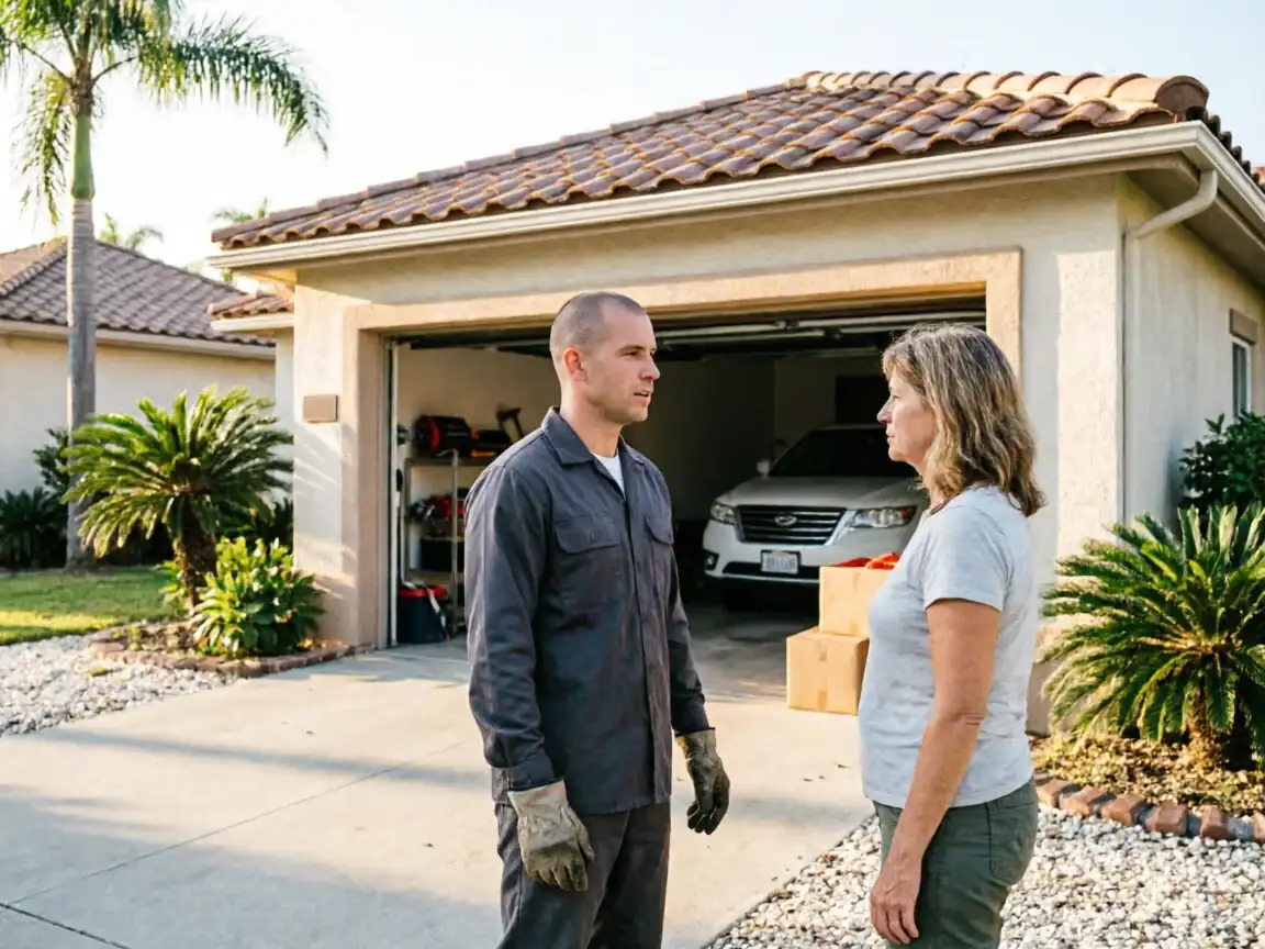A technician and a woman stand in a driveway in front of an open garage.