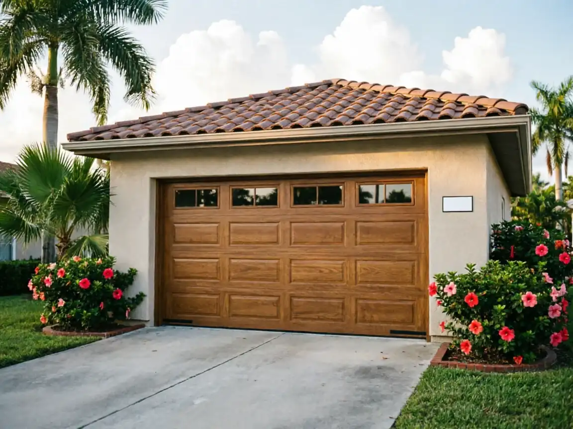 The garage door is brown with windows, on a stucco house with a tile roof.