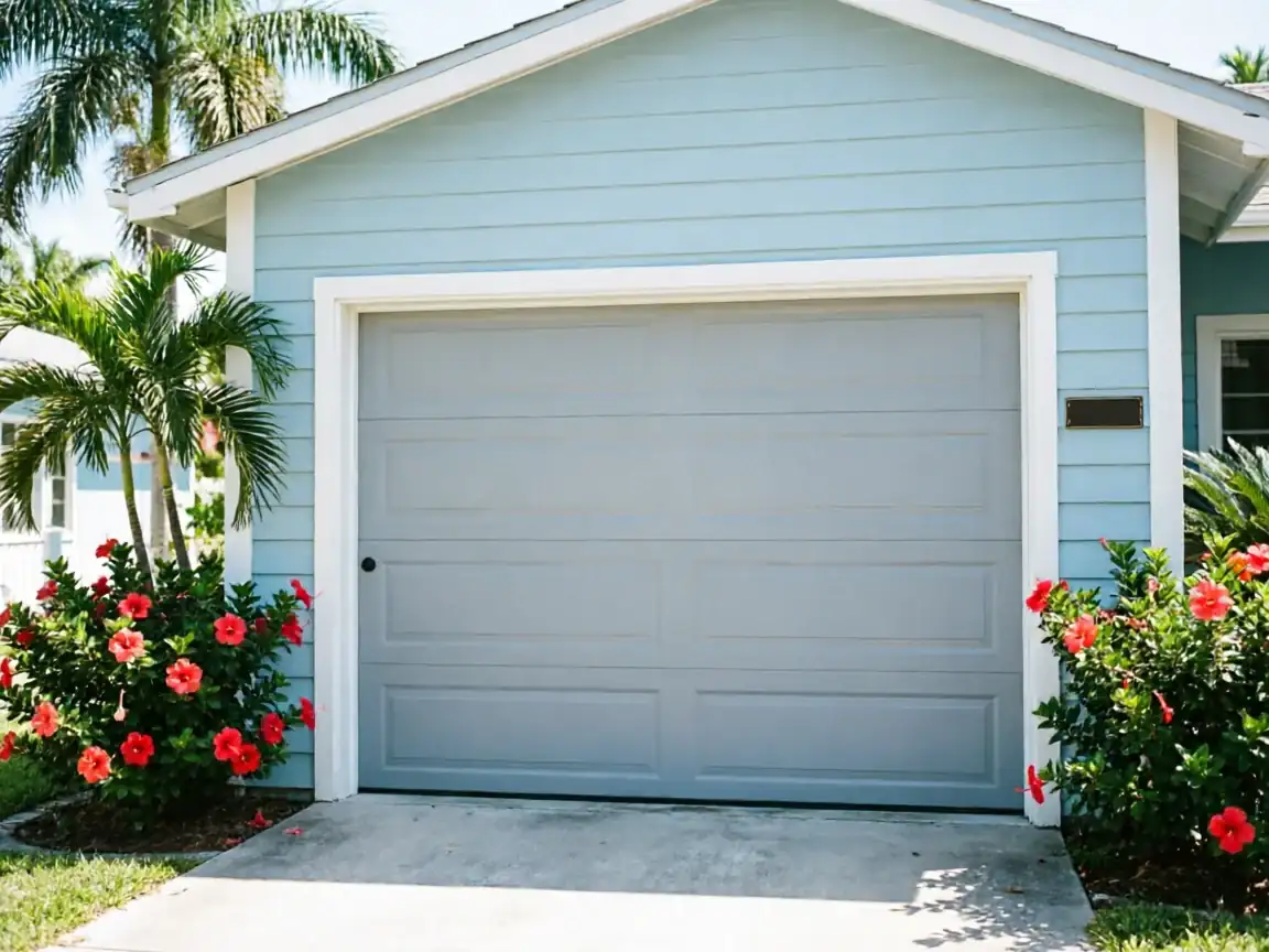 The light blue house has a gray garage door with a black handle.