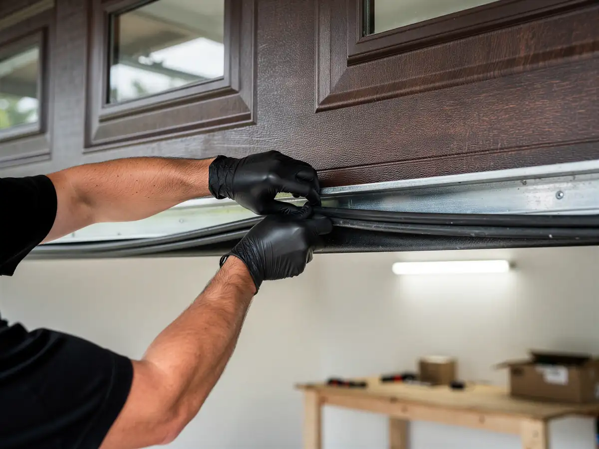 A technician wearing black gloves installs a new weather seal on a brown garage door.
