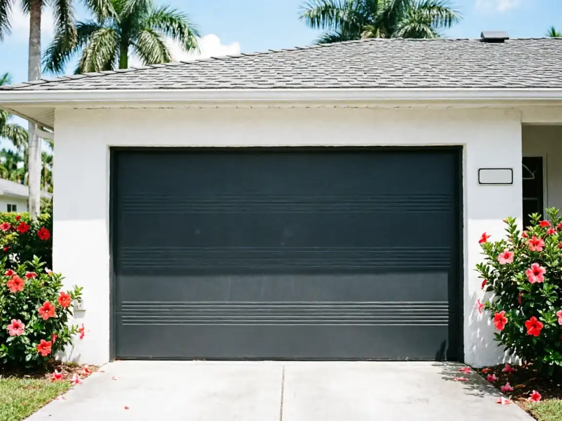 The dark gray garage door is closed on a white house with red hibiscus bushes.