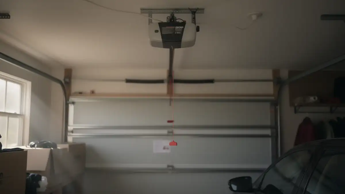 The garage door opener is mounted to the ceiling of a garage.