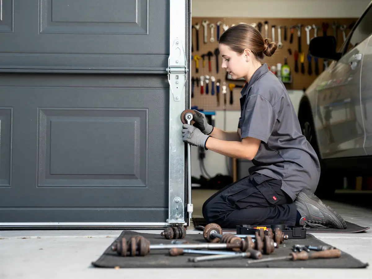 A technician kneels to work on a gray garage door roller and hinge.